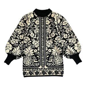 Farm Rio Black White Pineapple Garden Mini Knit Balloon Sleeve Sweater‎ Dress M